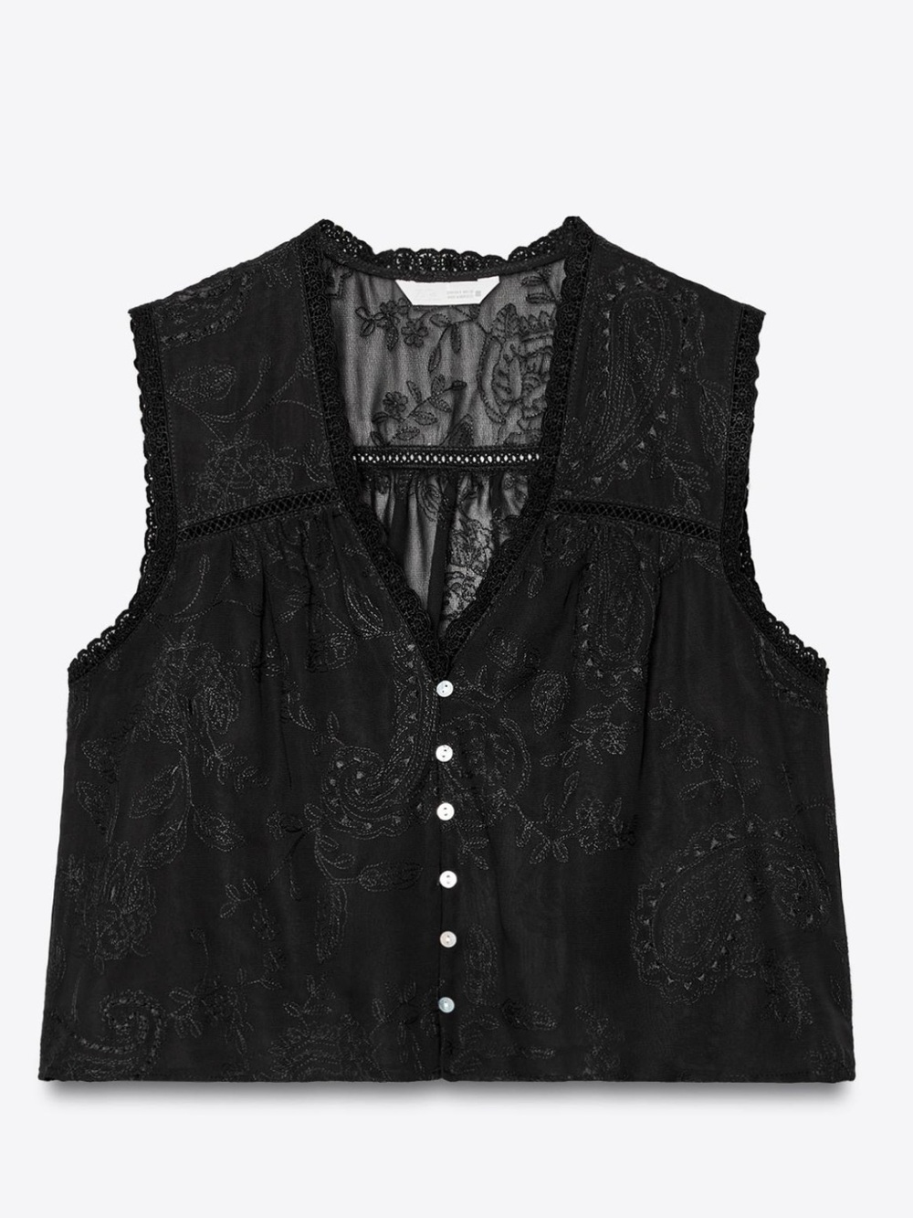 Zara Cropped Black Lace-Trim Sleeveless Button Down Top